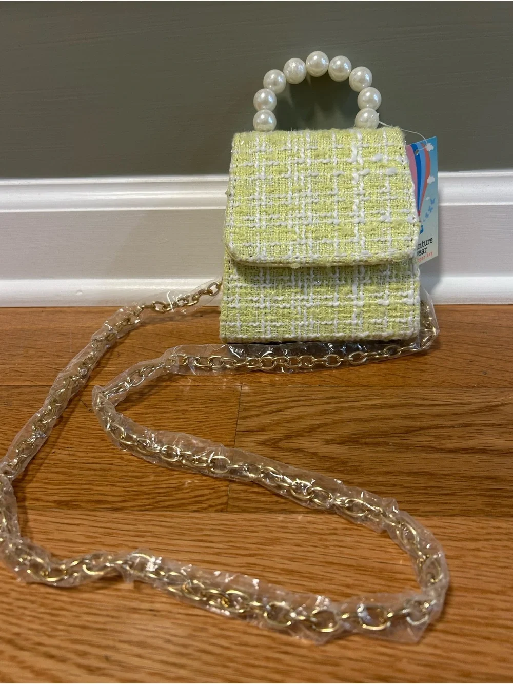 NWT Kids Mini Yellow Tweed Plaid Crossbody Purse Pearl Handle